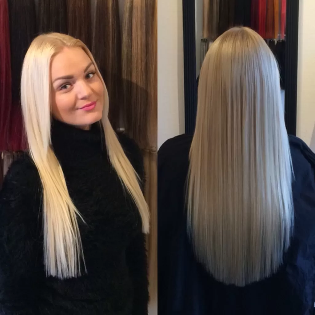 F&oslash;r og efter billeder af hair extensions fra Avezu