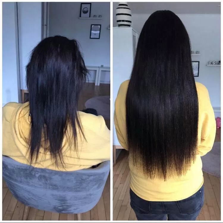 hair extensions f&oslash;r og efter billeder Avezu. Vi har p&aring;s&aelig;ttere i hele danmark